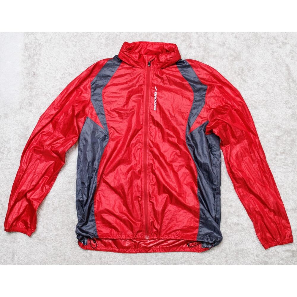 Brooks LSD Red Navy Running Jacket Windbreaker Hooded Mens Size M